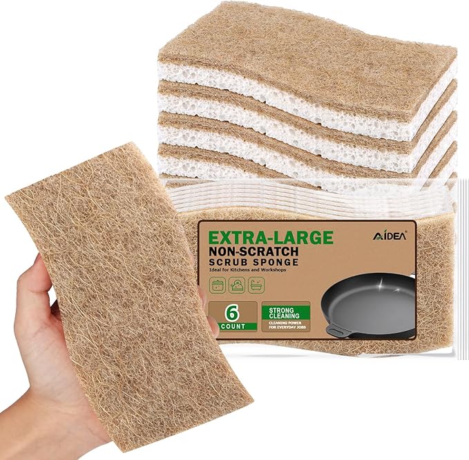 AIDEA XL Scrub Sponges Non-Scratch, 6Count, Large Natural Sponge for Non Stick Cookware, Sponges Kitchen, Cellulose Cleaning Sponge for Dishes, Kitchen, Bathroom, Household by AIDEAHOME