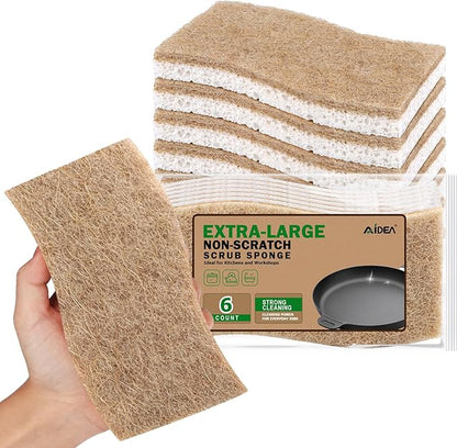 AIDEA XL Scrub Sponges Non-Scratch, 6Count, Large Natural Sponge for Non Stick Cookware, Sponges Kitchen, Cellulose Cleaning Sponge for Dishes, Kitchen, Bathroom, Household by AIDEAHOME