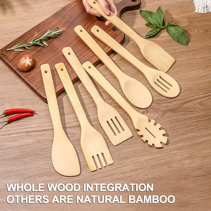 [7-PCS] Wooden Spoons for Cooking is for All Kitchen. Made From Bamboo Wood, Wooden Spatula & Wooden Spoon 11.8 in. and Non-Stick Surface, Suitable for Home & Chef Use or Gift for Someone Special. - Image 7