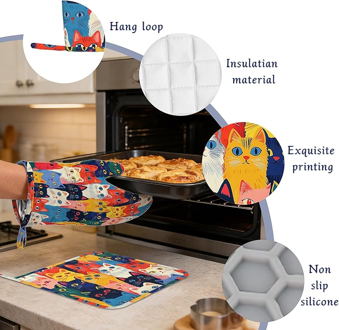 Colourful Cats Oven Mitts and Pot Holders Sets of 4 Cute Animal Heat Resistant Silicone Oven Mits Gloves Non-Slip Kitchen Mittens Potholders for Cooking Baking Grilling BBQ