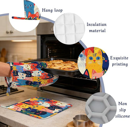 Colourful Cats Oven Mitts and Pot Holders Sets of 4 Cute Animal Heat Resistant Silicone Oven Mits Gloves Non-Slip Kitchen Mittens Potholders for Cooking Baking Grilling BBQ