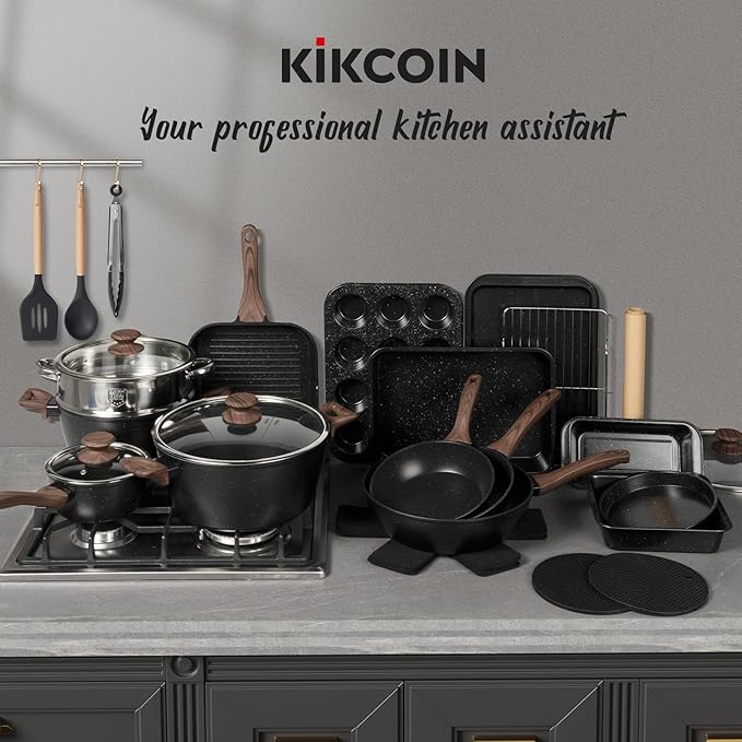 Kikcoin Pots and Pans Set Non Stick 31 Piece Kitchen Nonstick Cooking Cookware Sets with Grill Pan Saucepan Baking Sheet Utensil, Black - Image 7