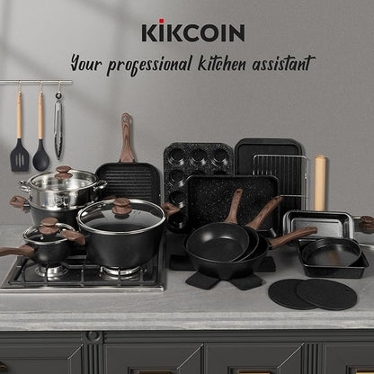 Kikcoin Pots and Pans Set Non Stick 31 Piece Kitchen Nonstick Cooking Cookware Sets with Grill Pan Saucepan Baking Sheet Utensil, Black - Image 7