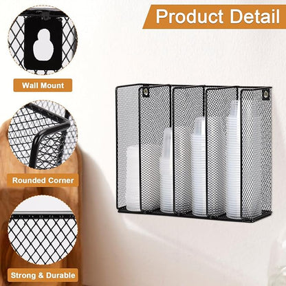 Wall Mount Portion Sauce Cup Lid Organizer 4 Compartments Iron Sauce Cup Dispenser Black Cup and Lid Holder Organizer Fits Cups Size 2 to 5.5 oz For Kitchen Counter Restaurant Coffee Bar 13x10x3.3 In