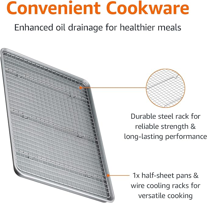 Amazon Basics Ceramic Nonstick Baking Sheet & Cooling Rack Set, Dishwasher Safe, Oven Safe, Half Sheet Size, Gray, 1-Pack - Image 2