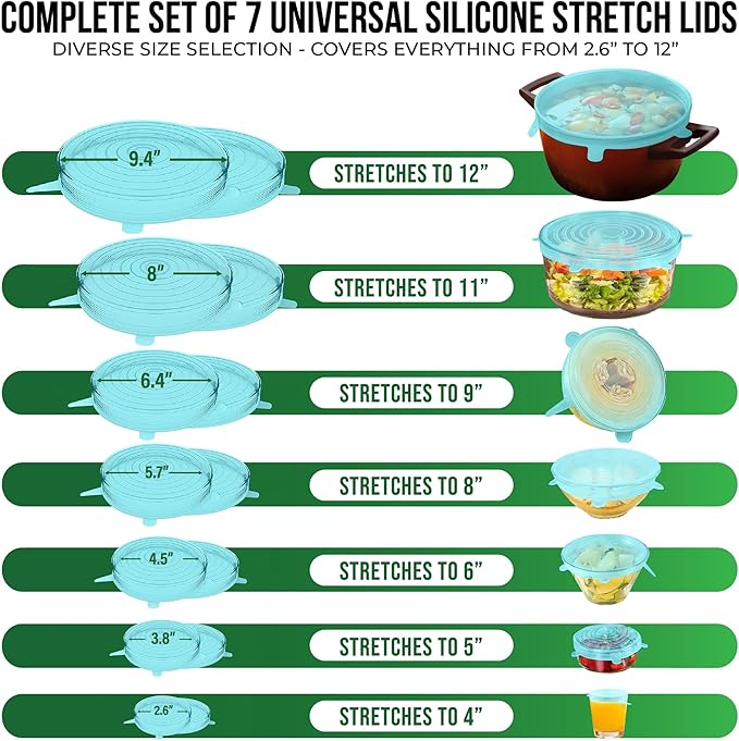Reusable Silicone Stretch Lids for Food Storage in Fridge - Elastic Heat-Resistant Bowl Covers, Cups, Cans, Jars - Universal Food Grade Lid for Containers - 7 Pack - Light Green Stretchy Lid Set - Image 2