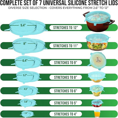 Reusable Silicone Stretch Lids for Food Storage in Fridge - Elastic Heat-Resistant Bowl Covers, Cups, Cans, Jars - Universal Food Grade Lid for Containers - 7 Pack - Light Green Stretchy Lid Set - Image 2