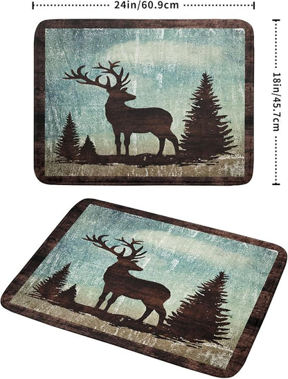 Giwawa Retro Deer Forest Cabin Silhouette Dish Drying Mat Countertop 18x24 Fall Blue Sky Cloud Cartoon Elk Wild Animal Bushes Drainer Mat Pine Tree Grass Dishes Pad Rustic Moose Dish Drainer Rack