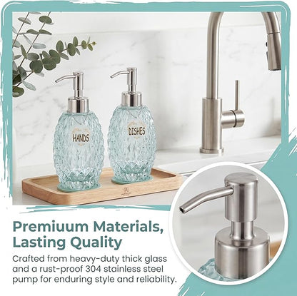 MALACHI Soap Dispenser Set, Crystal-Textured Diamond Glass with Rustproof Stainless Steel Pump, Dual-Labelled Hand & Dish Soap Dispenser for Kitchen & Bathroom