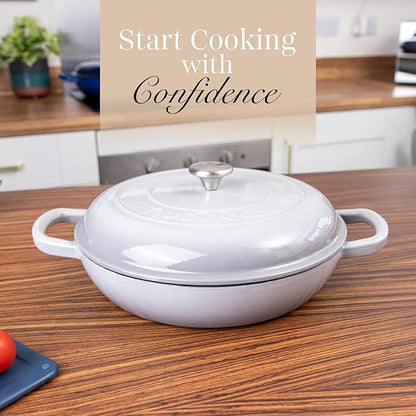 Shallow Cast Iron Casserole with Lid – Non Stick Dutch Oven Pot, Oven Safe up to 500° F – Sturdy Ovenproof Stockpot Cookware – Enamelled Cooking Pot – Grey, 3.7-Quart, 30cm – by Nuovva