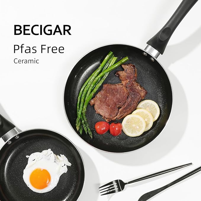 BECIGAR 8pcs Black Ceramic Pots and Pans Set, Cooking Pan Set,Cooking Pot Set Ceramic Pan Set, Nonstick Cookware Set, Induction Safe Kitchen Cooking Set with Frying Pans, Saucepans, shovel and Ladle - Image 3