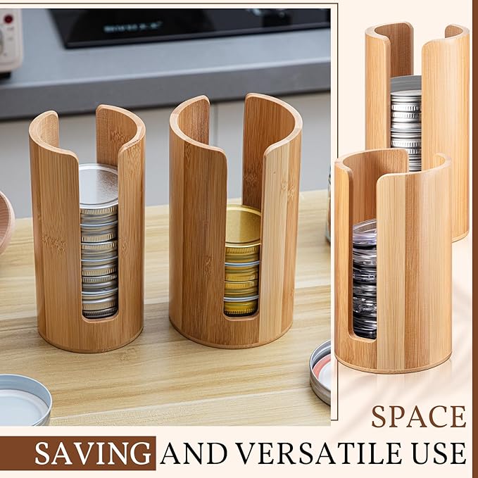 Suclain 2 Pcs Mason Jar Lid Organizer Bamboo Vertical Mason Jar Lid Storage Accessories Tumbler Lids Holder Cup Lids Organizer for Home Kitchen Countertop Cupboard(Wide Mouth & Regular Mouth) - Image 7