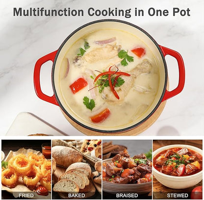 6 QT Enameled Cast Iron Dutch Oven with Lid, Non-Seasoning Enamel Coated Pot, 500°F Oven Safe, Dual Handles, Compatible with All Cooktops for Bread Baking, Braising & Stewing, White (Red,6 QT)