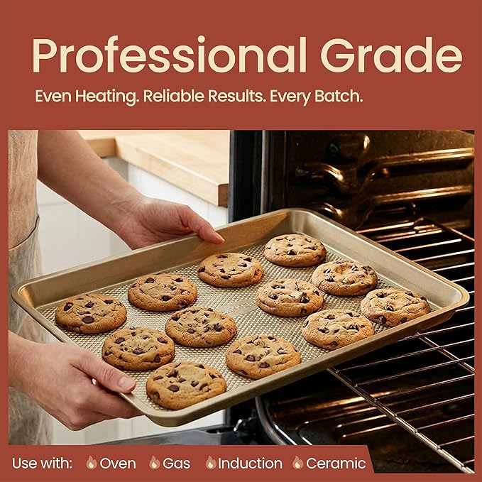 Diamond Bottom Cookie Sheet Set of 2, Nonstick Gold Carbon Steel Baking Pans for Crisp Baking, Space-Saving Stackable Trays, PFOA, PFOS, PTFE Free, Oven Safe Up to 450°F, Small & Medium Pans - Image 3