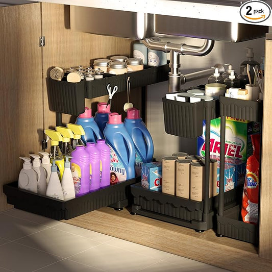 Sevenblue 3 Pack Multi-Purpose Under Sink Organizers and Storage, 2026 L-Shaped Pull Out Cabinet Organizer for Bathroom & Kitchen, Under Cabinet Organizer with Hooks Hanging Cup (Black, 14.85 inch) by Sevenblue
