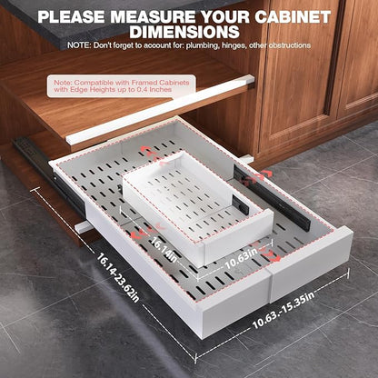 Seinloes 2 Pack Pull Out Cabinet Organizer Expandable Width(11"-16") and Depth(17"-24"),Slide Out Drawers with Raising Pad for Framed Cabinets,No Drill Roll Out Shelves for Kitchen,Bathroom,White - Image 5