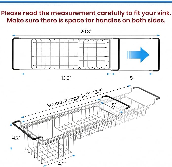 TreeLen Over The Kitchen Sink Caddy Sponge Holder Organizer Drying Rack Expandable for Sponge Brush Soap 13.8" to 20.8", Stainless Steel - Image 3