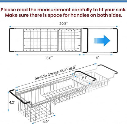 TreeLen Over The Kitchen Sink Caddy Sponge Holder Organizer Drying Rack Expandable for Sponge Brush Soap 13.8" to 20.8", Stainless Steel - Image 3