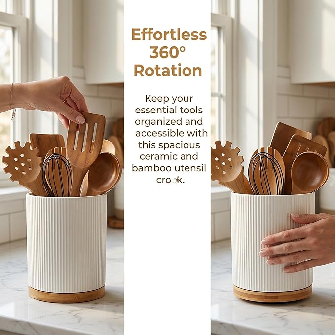 QUELIEN Utensil Holder, 360° Rotating Ceramic Kitchen Utensil Holder for Countertop, 7.7" Utensil Crock for Kitchen Counter with Rotatable Wooden Base,Ideal Housewarming Gift & Mothers Day Gift