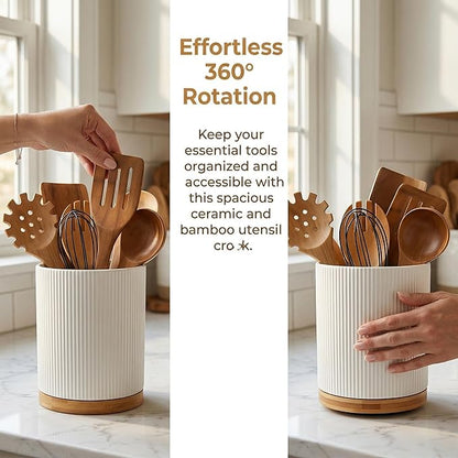 QUELIEN Utensil Holder, 360° Rotating Ceramic Kitchen Utensil Holder for Countertop, 7.7" Utensil Crock for Kitchen Counter with Rotatable Wooden Base,Ideal Housewarming Gift & Mothers Day Gift