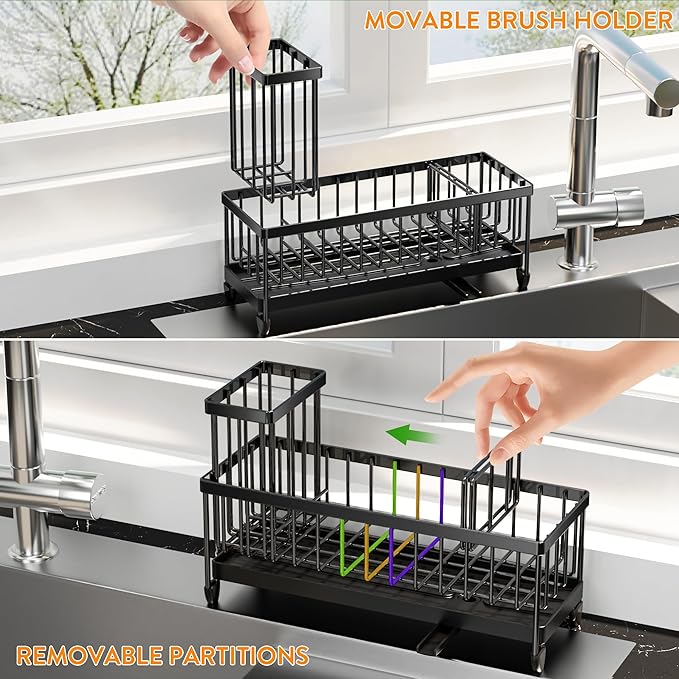 Cisily Sponge Holder for Kitchen Sink, Sink Caddy Organizer with High Brush Holder, Kitchen Countertop Organizers and Storage Essentials, Rustproof 304 Stainless Steel (Black, 10.62″) - Image 5