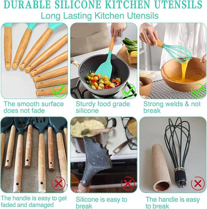 Umite Chef Kitchen Cooking Utensils Set, 24 pcs Non-stick Silicone Cooking Kitchen Utensils Spatula Set with Holder, Wooden Handle Heat Resistant Silicone Kitchen Gadgets Utensil Set (Green) - Image 7
