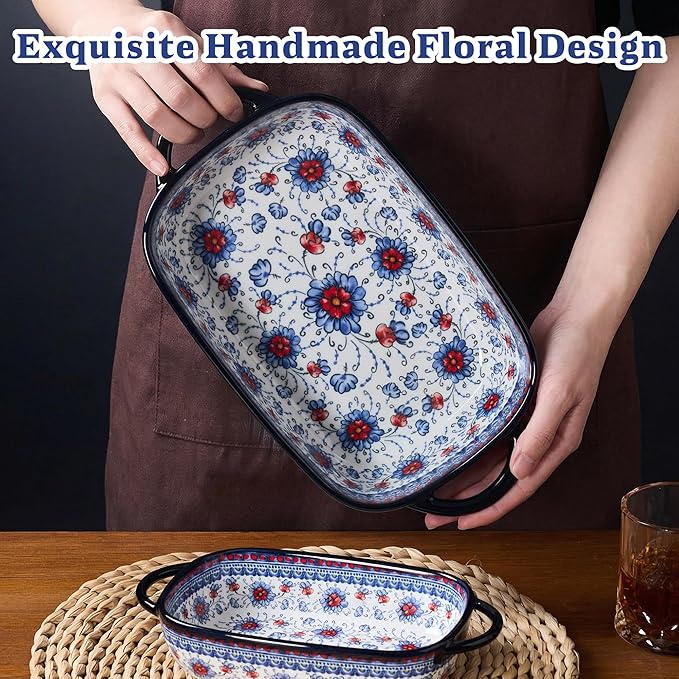 Ceramic Casserole Dishes for Oven, Hand-painted Polish Pottery Baking Dish Set of 2, 0.8QT / 2QT Porcelain Casserole Dishes with Handles, Baking Pan Lasagna Pan, Gift for Family/Friend (Blue) - Image 2