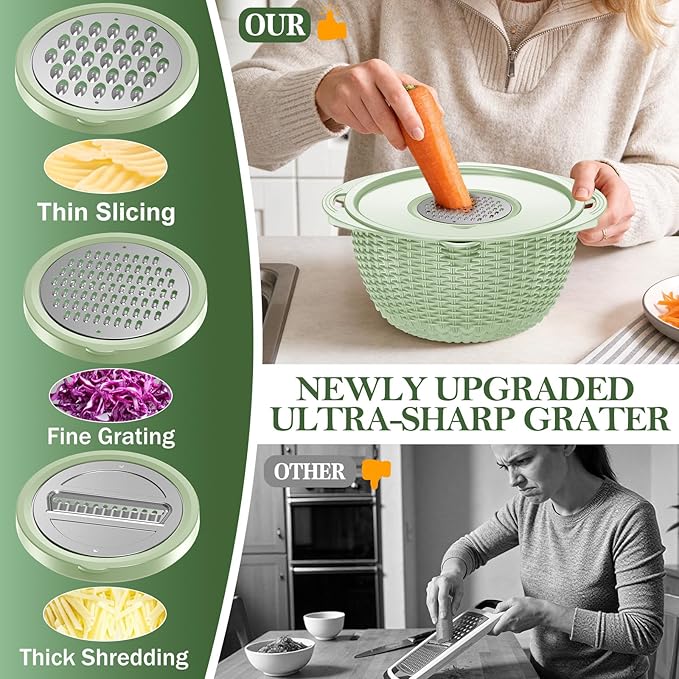 4-1 Colander with Fruit Bowl Set - Colander for Kitchen, Rotatable Strainers and Colanders(Patented), Pasta Strainer with New Upgraded Graters for Fruit, Veggie, Aesthetic Kitchen Essentials - Green - Image 5