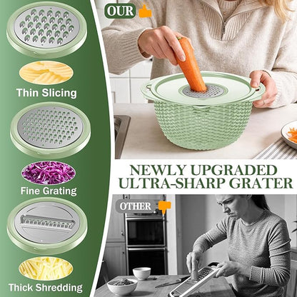 4-1 Colander with Fruit Bowl Set - Colander for Kitchen, Rotatable Strainers and Colanders(Patented), Pasta Strainer with New Upgraded Graters for Fruit, Veggie, Aesthetic Kitchen Essentials - Green - Image 5