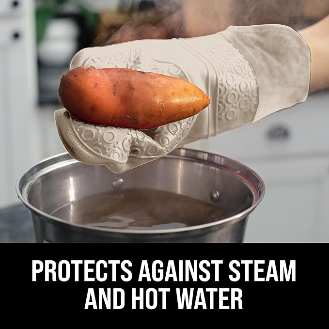 BPA-Free Silicone Oven Mitts Ultra Heat Resistant up to 500°F - Oven Mitts with Thick Cotton Liner - Long Slip Resistant Pot Holders, Flexible Oven Gloves - Beige 14.7 - Image 4