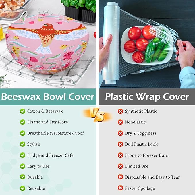 5-Size Reusable Beeswax Bowl Covers for Bread Proofing, Cotton Cloth Flexible Beeswax Wraps for Food Storage(Floral Bird) - Image 7