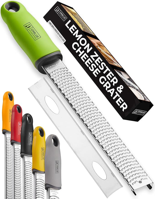 Orblue Lemon Zester & Cheese Grater - Premium Citrus Zester, Kitchen Grater for Parmesan, Chocolate, Fruits, Vegetables, Ginger, Garlic, Nutmeg - Stainless Steel Blades with Protective Cover, Green by Orblue
