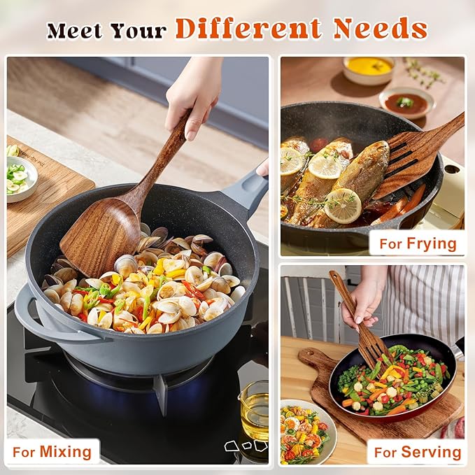 2Pcs Wooden Spatula, Acacia Solid & Slotted Turner Spatula Set, Long Handle Flat Frying Spatulas, Ideal Kitchen Gift for Mother and Grandma, Kitchen Utensils Set for Cooking, Frying, Baking - Image 7