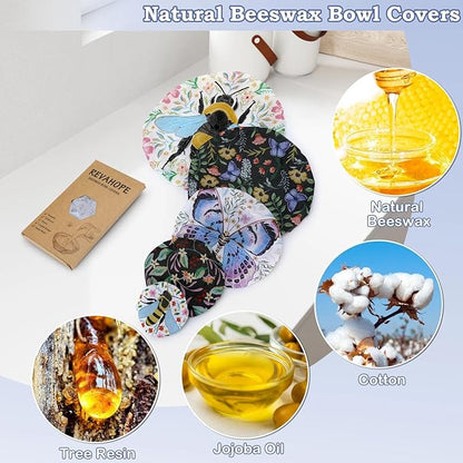 5-Size Reusable Beeswax Bowl Covers for Bread Proofing, Cotton Cloth Flexible Beeswax Wraps for Food Storage(Honeybee) - Image 3