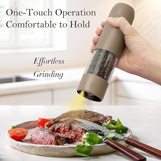 Ultrean Pepper Grinder, Rechargeable Salt and Pepper Grinder Set with 6 Adjustable Coarseness, LED Light, Electric Pepper Mill, Essentials for New Home Housewarming, Brown - Image 2