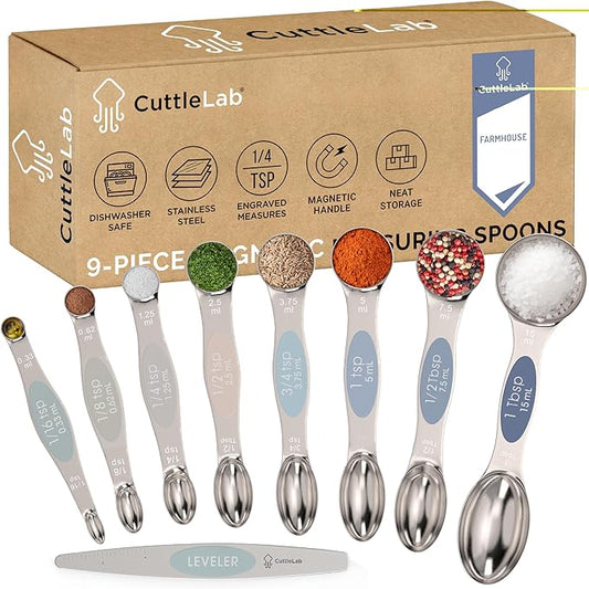 CuttleLab Magnetic Measuring Spoons Set - Stainless Steel, Double Ended, Stackable & Nested Design for Dry and Liquid Ingredients, Ideal for Spice Jars, 9-Piece Set with Leveler (Farmhouse)
