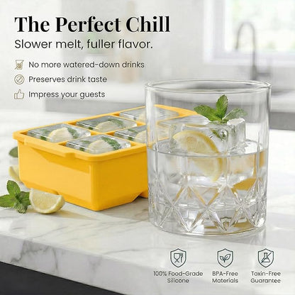 KitchFort Large Silicone Ice Cube Tray (2-Pack), Easy Release 2" Big Ice Cubes - Cocktail, Whiskey Ice Cubes Mold - Ice Trays for Freezer with Lid - Stackable Silicone Ice Tray - Mustard Yellow - Image 4