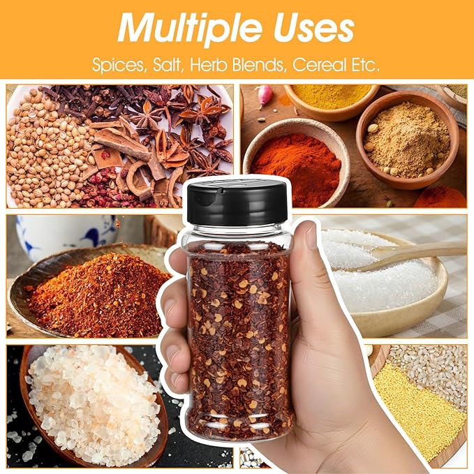 36 Pack 3 oz Clear Plastic Spice Jars with Shaker Lids, Black Caps, Empty Spice Bottles Seasoning Containers for Kitchen, Powders, Pepper