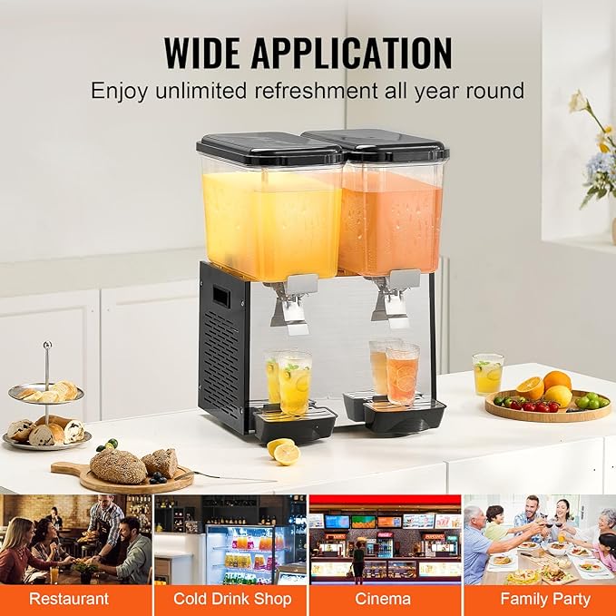 VEVOR Commercial Beverage Dispenser, 2 Tanks 18 L / 19 QT Per Tank Juice Dispenser, 370W Stainless Steel Ice Tea Drink Machine with 45°F-54°F Cooling Temperature, for Cold Drink Restaurant Bar Party - Image 6