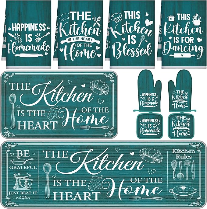 Fourluoo 10 Pcs Farmhouse Kitchen Decor and Accessories Set 4 Kitchen Towels 2 Pot Holders 2 Oven Mitts 2 Rugs for Cooking Baking Mom Housewarming Gifts(Light Blue,Classic Style) by Fourluoo