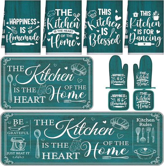Fourluoo 10 Pcs Farmhouse Kitchen Decor and Accessories Set 4 Kitchen Towels 2 Pot Holders 2 Oven Mitts 2 Rugs for Cooking Baking Mom Housewarming Gifts(Light Blue,Classic Style) by Fourluoo