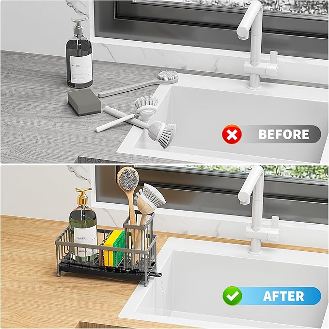 Cisily Sponge Holder for Kitchen Sink, Sink Caddy Organizer with High Brush Holder, Kitchen Countertop Organizers and Storage Essentials, Rustproof 304 Stainless Steel (Dark Grey, 9.25″) - Image 5