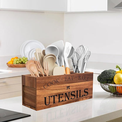 Suli Acacia Wood Utensil Holder for Kitchen Counter,Extra Large Utensils Holder with 4 Compartments,Caddy Organizer for Countertop, Farmhouse Kitchen Decor, Rustic Cooking Utensil - Image 7
