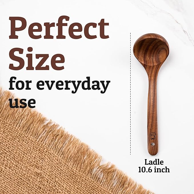 PriorityChef Premium Wooden Ladle for Soup - Handcrafted Teak Wooden Soup Spoon with Long Handle for Cooking and Serving - Deep Wood Ladel for Kitchen Use - Nonstick Safe Wood Ladle