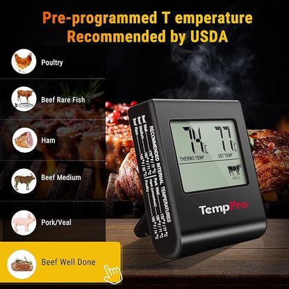 TempPro TP16 Large LCD Digital Meat Thermometer for Cooking, Smoking, Grilling, BBQ Food Temperature Indicator with Clock Timer and Stainless Steel Probe, Black(Previously ThermoPro) - Image 2