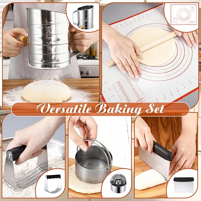10 Pcs Stainless Steel Pastry Biscuit Cutter Set Include 3 Cup Flour Sifter Biscuit Cutter Pastry Scraper Dough Scraper Silicone Baking Mat Fine Mesh Strainer for Cooking Cookies Donuts Cake - Image 3