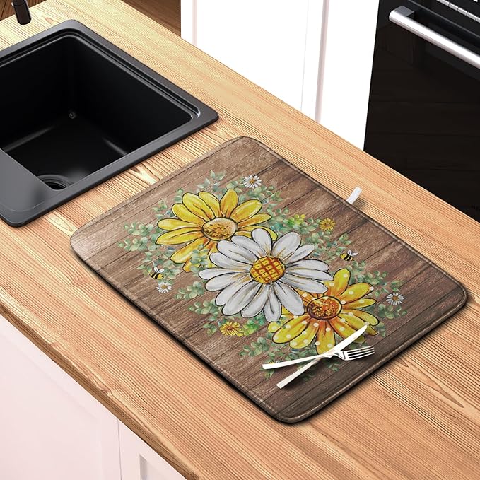 Rustic Daisy Floral Dish Drying Mat for Kitchen Counter Spring Summer Sunflower Dish Drying Mat Bee Absorbent Microfiber Dish Mat Reversible Dish Drainer Rack Mat Large 18x24 Inch - Image 6