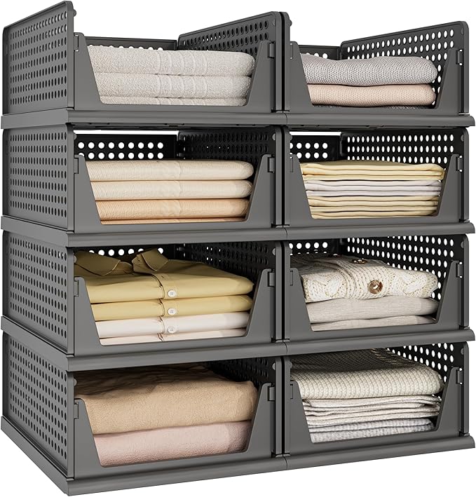 Pinkpum 8 Pack Closet Organizers and Storage Plastic Stackable Storage Bins, Foldable Drawer Shelf Storage Container for Wardrobe Kitchen Bathroom Dorm Black by Pinkpum
