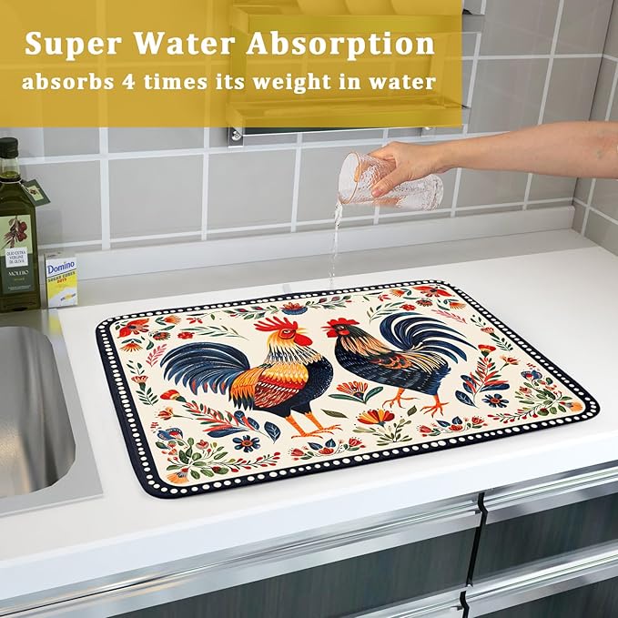 Rooster Poultry Dish Drying Mat for Kitchen Counter 18x24 Inch Microfiber Absorbent Colorful Printing Drying Pad - Image 7