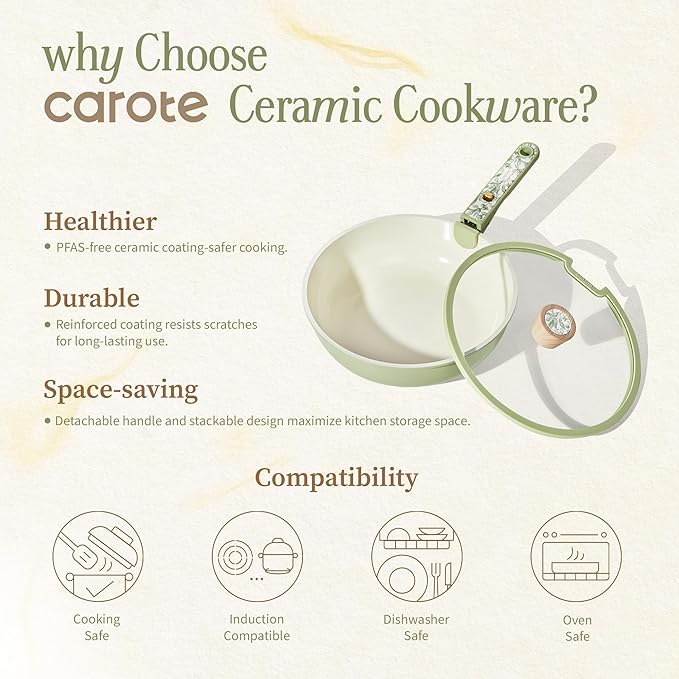 CAROTE 25-Piece Ceramic Cookware Set, Nonstick Pots and Pans Set with Detachable Handle, Non-Toxic Kitchen Cooking Set, Dishwasher & Oven Safe, Induction Compatible, PFAS Free, Green - Image 8